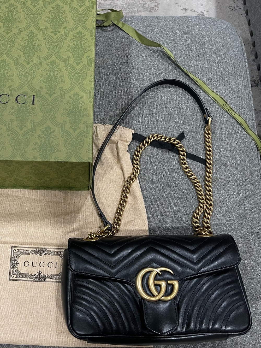 Gucci Black Quilted GG Marmont Medium Shoulder Bag with Gold Hardware